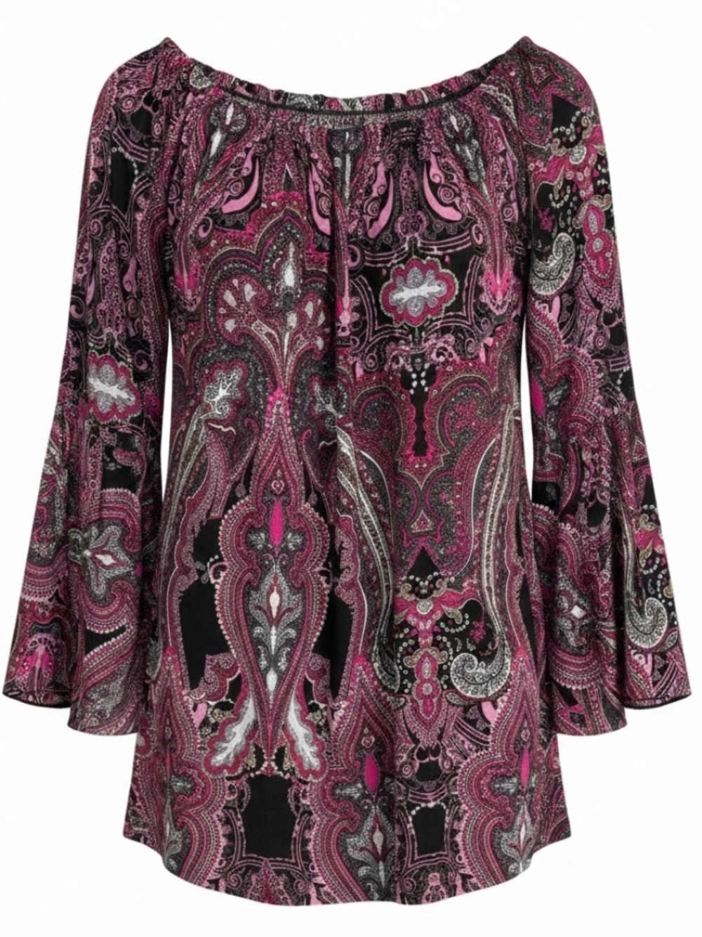 LILDY Brand Top Vibrant Pink & Black Paisley Pattern Off The Shoulder Neckline